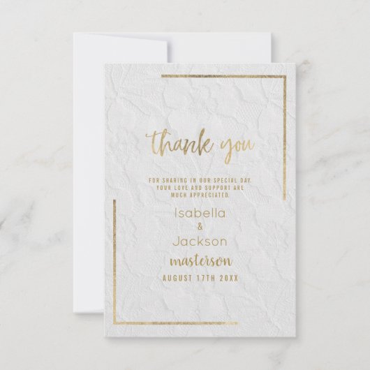 白エレガント金ゴールドフランスのフローラレース サンキューカード (正面)