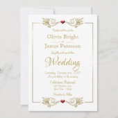 白エレガント金ゴールドフレーム赤いハート結婚の 招待状 (正面)