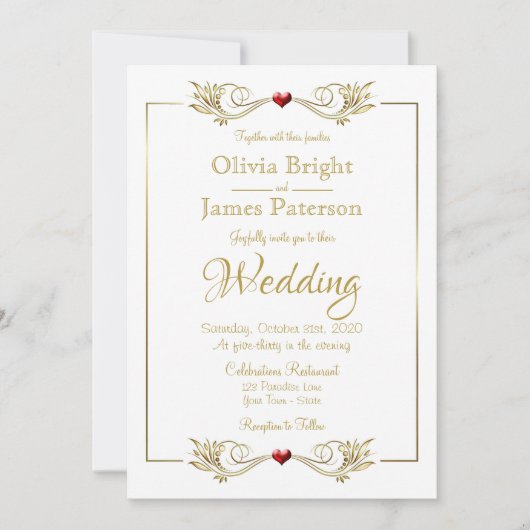 白エレガント金ゴールドフレーム赤いハート結婚の 招待状 (正面)