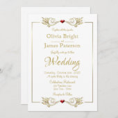 白エレガント金ゴールドフレーム赤いハート結婚の 招待状 (正面/裏面)