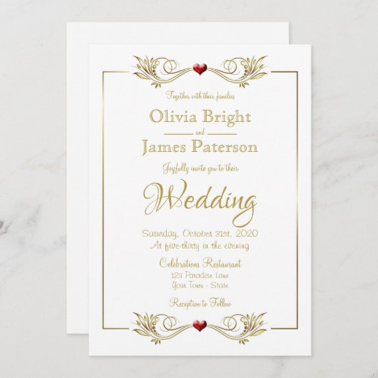 白エレガント金ゴールドフレーム赤いハート結婚の 招待状 (正面/裏面)