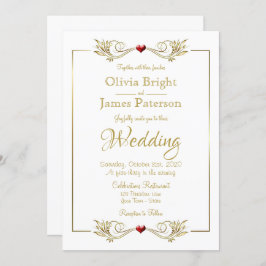 白エレガント金ゴールドフレーム赤いハート結婚の 招待状