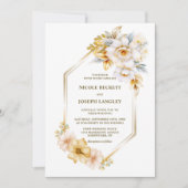 白エレガント金ゴールドフローラジオメト結婚リ 招待状 (正面)