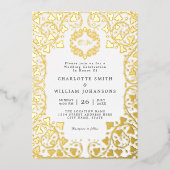 白エレガント金ゴールドフローラフレーム結婚イニシャル 箔招待状 (正面)