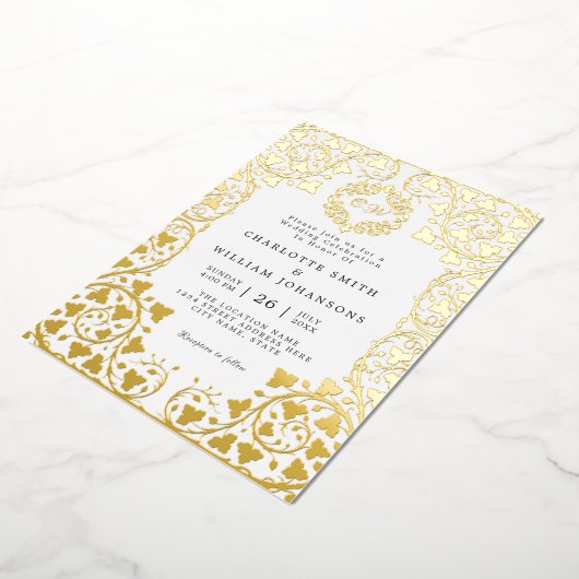 白エレガント金ゴールドフローラフレーム結婚イニシャル 箔招待状 (回転した状態)