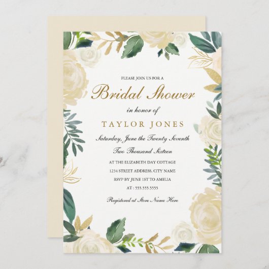 白エレガント金ゴールドフローラブライダルシャワー招待状 招待状 (正面/裏面)
