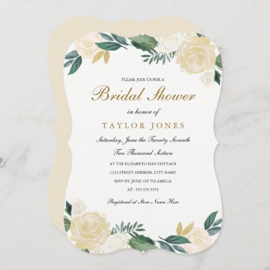 白エレガント金ゴールドフローラブライダルシャワー 招待状 (正面/裏面)