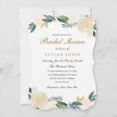 白エレガント金ゴールドフローラブライダルシャワー 招待状 (正面)