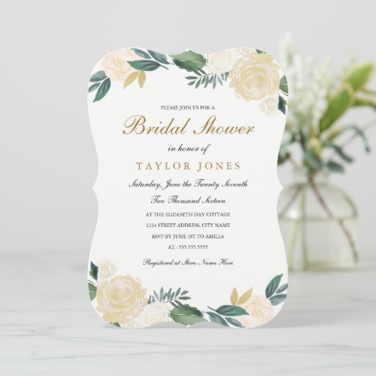 白エレガント金ゴールドフローラブライダルシャワー 招待状 (スタンド正面)