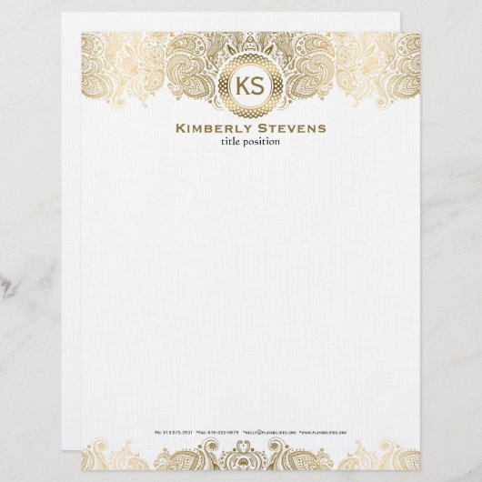 白エレガント金ゴールドフローラペイズリー2 レターヘッド (正面/裏面)