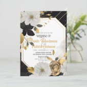白エレガント金ゴールドフローラ結婚の黒いフレーム 招待状 (スタンド正面)