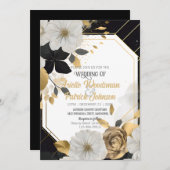 白エレガント金ゴールドフローラ結婚の黒いフレーム 招待状 (正面/裏面)