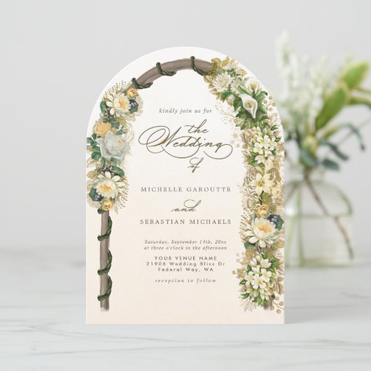 白エレガント金ゴールドフローラ結婚アーチ 招待状 (スタンド正面)