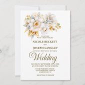 白エレガント金ゴールドフローラ結婚 招待状 (正面)