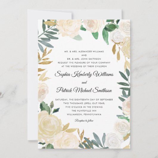 白エレガント金ゴールドフローラ | すべての親がホスト 招待状 (正面)