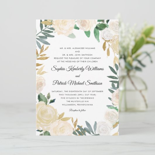 白エレガント金ゴールドフローラ | すべての親がホスト 招待状 (スタンド正面)