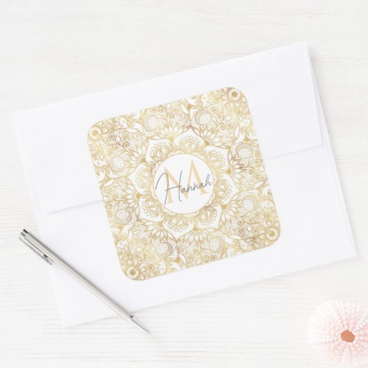 白エレガント金ゴールドフローラ スクエアシール (封筒)