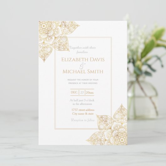 白エレガント金ゴールドフローラ 招待状 (スタンド正面)