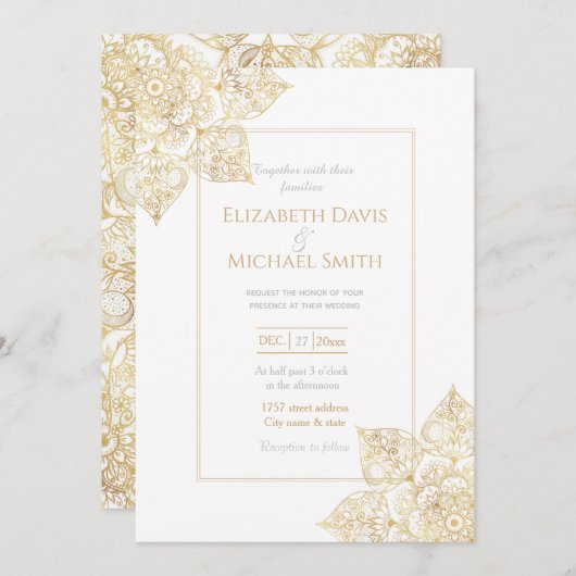 白エレガント金ゴールドフローラ 招待状 (正面/裏面)