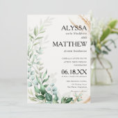 白エレガント金ゴールドブラシ葉の結婚緑 招待状 (スタンド正面)