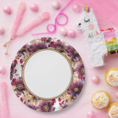 白エレガント金ゴールドブルゴーニュ花縁ど柄 ペーパープレート (パーティー)