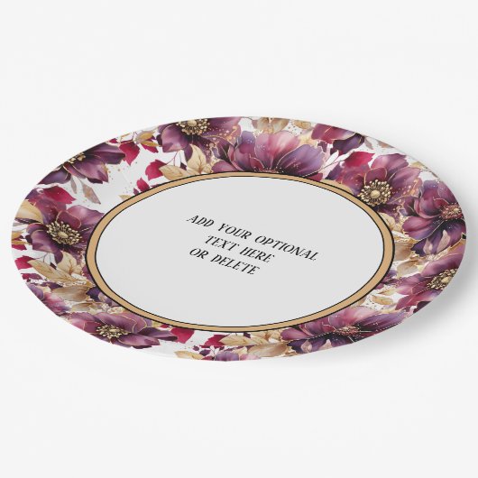 白エレガント金ゴールドブルゴーニュ花縁ど柄 ペーパープレート (アングル)