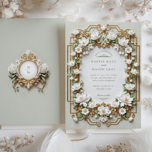 白エレガント金ゴールドマグノリアフェイク 招待状