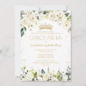 白エレガント金ゴールドモダンフローラQRキンセアニラ 招待状 (正面)