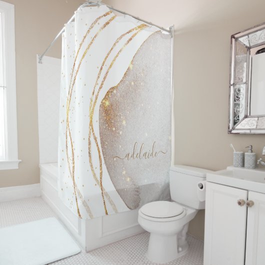 白エレガント金ゴールドモノグラム署名スクリプト名 シャワーカーテン (インサイチュ)
