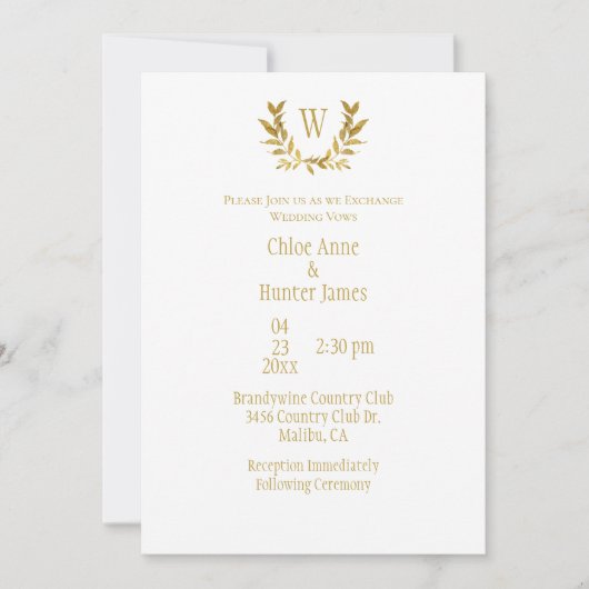 白エレガント金ゴールドリーフシックモノグラム結婚ズ 招待状 (正面)
