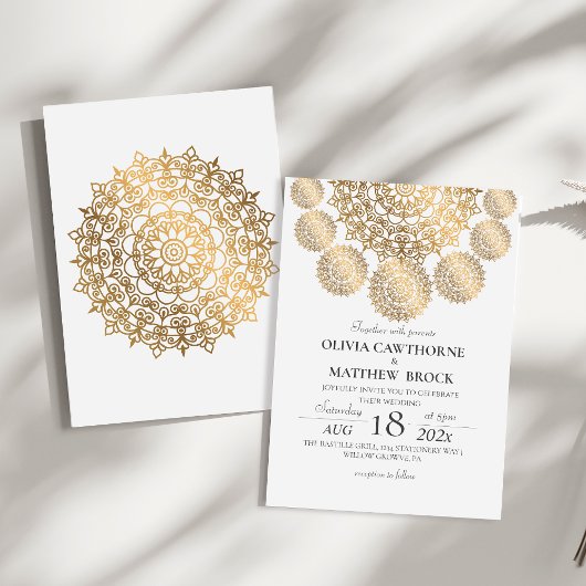 白エレガント金ゴールド伝統的マンダラ結婚ズ 招待状