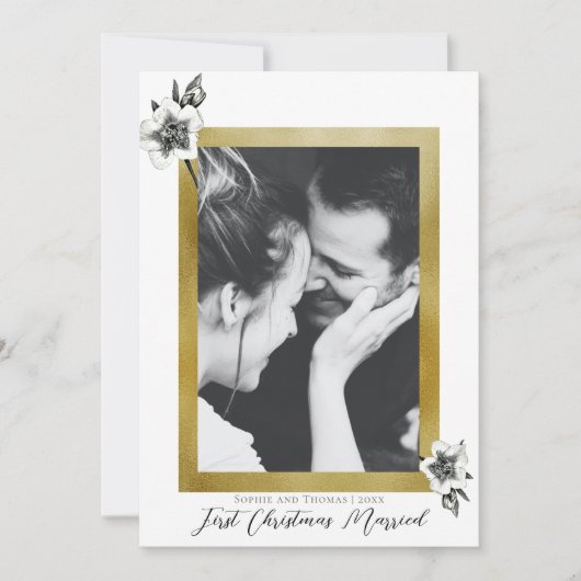 白エレガント金ゴールド初めてのクリスマス結婚した写真 シーズンカード (正面)