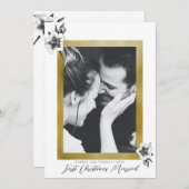 白エレガント金ゴールド初めてのクリスマス結婚した写真 シーズンカード (正面/裏面)