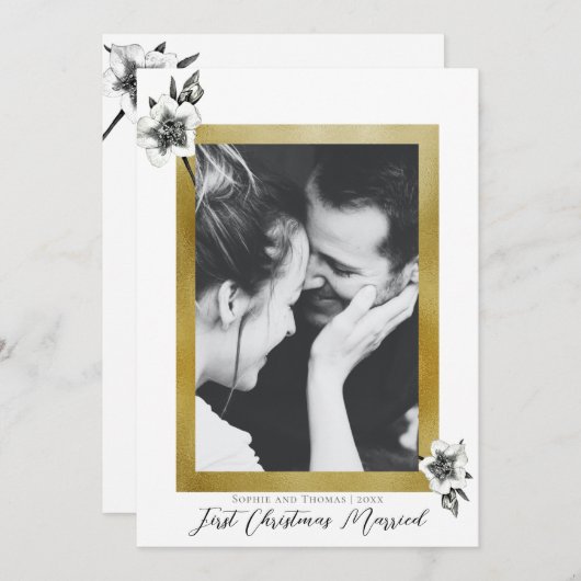 白エレガント金ゴールド初めてのクリスマス結婚した写真 シーズンカード (正面/裏面)
