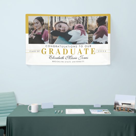 白エレガント金ゴールド卒業3写真 横断幕 (トレードショー)