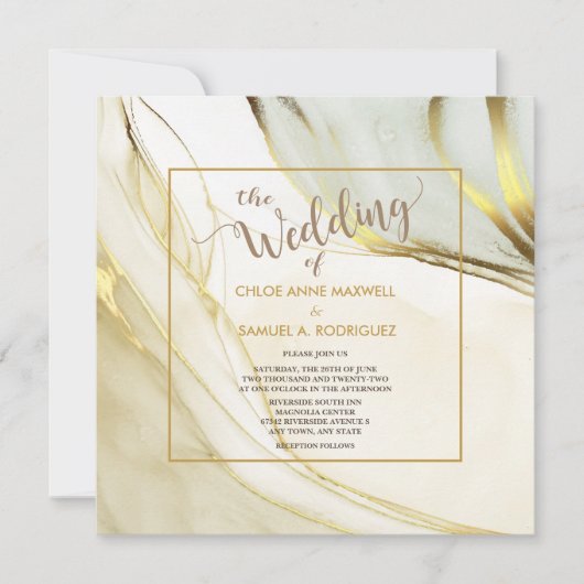 白エレガント金ゴールド大理石モダン結婚の 招待状 (正面)