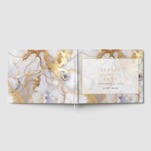 白エレガント金ゴールド大理石結婚のゲストブック ゲストブック (全面)