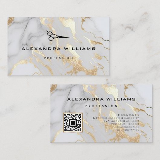 白エレガント金ゴールド大理石QRコードシザーモダン 名刺 (正面/裏面)