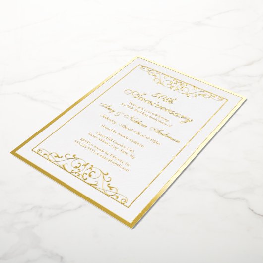 白エレガント金ゴールド旋回50周年結婚記念 箔招待状 (回転した状態)