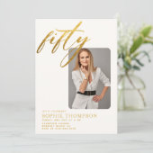 白エレガント金ゴールド書道50誕生日写真 招待状 (スタンド正面)