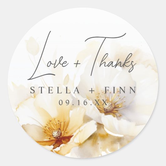 白エレガント金ゴールド結婚花の愛+感謝してい ラウンドシール (正面)