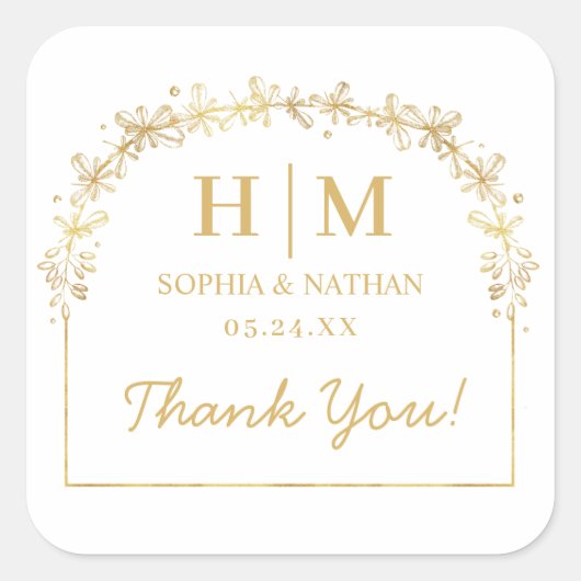 白エレガント金ゴールド花フローラ結婚ズ スクエアシール (正面)