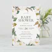 白エレガント金ゴールド花少年または女の子の赤ちゃんシャワー 招待状 (スタンド正面)