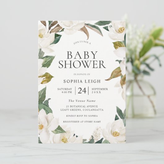 白エレガント金ゴールド花少年または女の子の赤ちゃんシャワー 招待状 (スタンド正面)