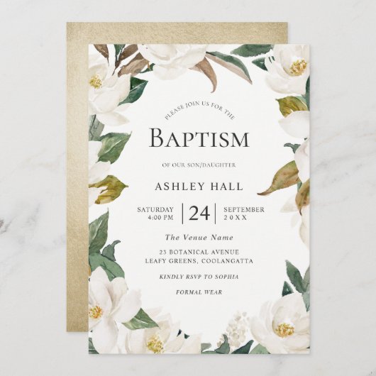 白エレガント金ゴールド花少年少女バプテスマ 招待状 (正面/裏面)