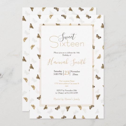 白エレガント金ゴールド蝶 招待状 (正面/裏面)