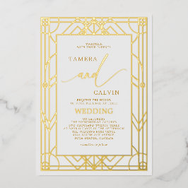 白エレガント金ゴールド装飾結婚枠 箔招待状