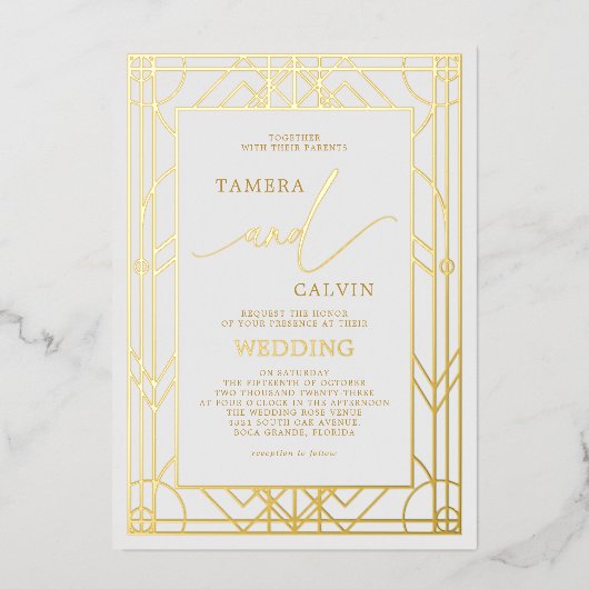 白エレガント金ゴールド装飾結婚枠 箔招待状 (正面)