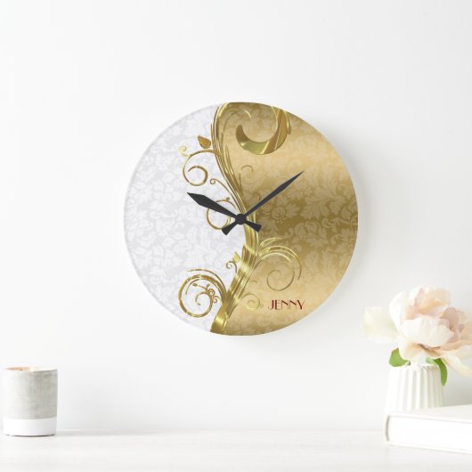 白エレガント金ゴールド金ゴールド渦巻き ラージ壁時計 (ホーム)