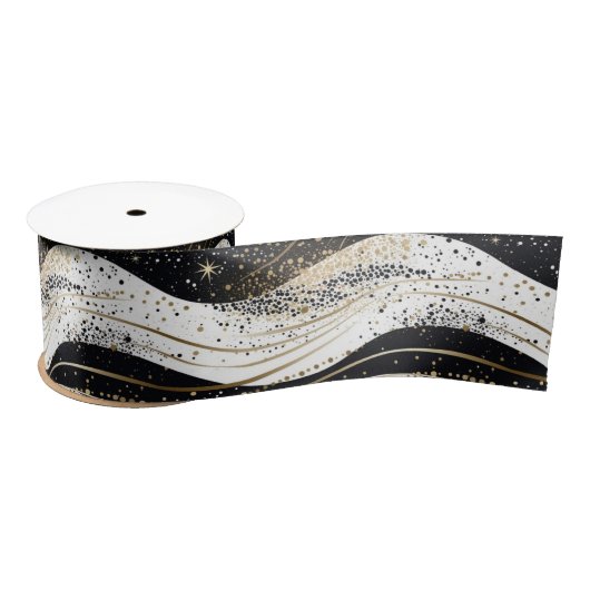 白エレガント金ゴールド黒の波状ストライプ サテンリボン (リール)
